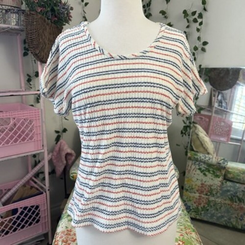Vintage 1970s Striped Textured Knit Top Women’s Small Red Blue Short Sleeve